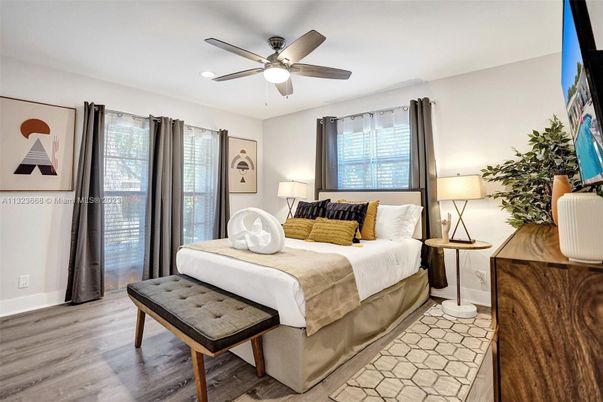 Bedroom, Interior, Recessed Lighting, Wood Texture Flooring