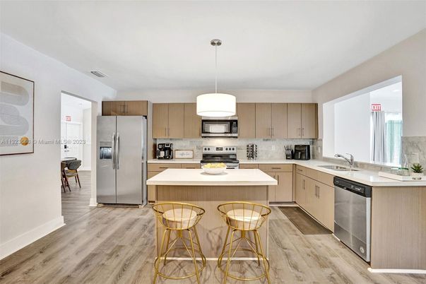Interior, Kitchen, Pendant Lights, Stainless Steel Appliances, Wood Texture Flooring
