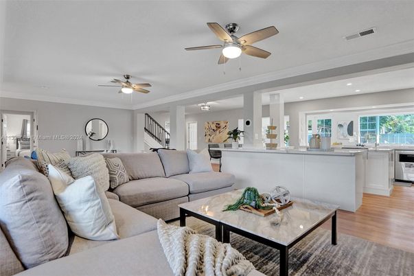 Interior, Kitchen, Living room, Recessed Lighting, Wood Texture Flooring