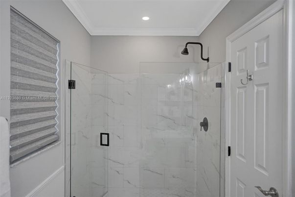 Bathroom, Glass Shower, Interior, Marble Walls, Recessed Lighting