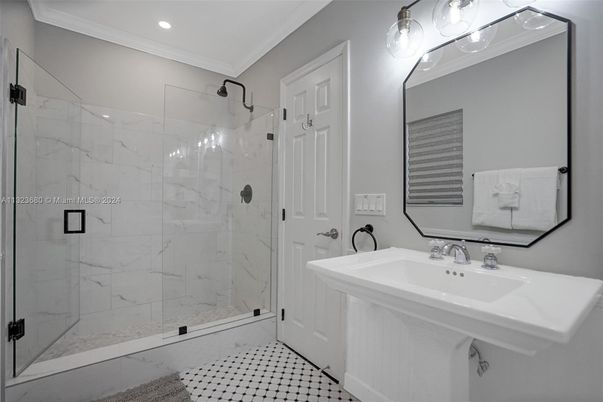 Bathroom, Glass Shower, Interior, Marble Walls, Recessed Lighting