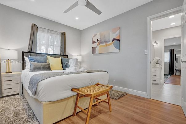 Bedroom, Interior, Recessed Lighting, Wood Texture Flooring