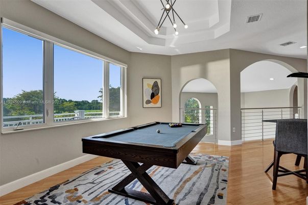 Billiard Table, Game Room, Interior, Pendant Lights, Recessed Lighting, Wood Texture Flooring