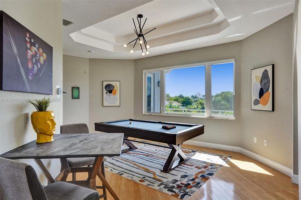 Billiard Table, Game Room, Interior, Pendant Lights, Wood Texture Flooring