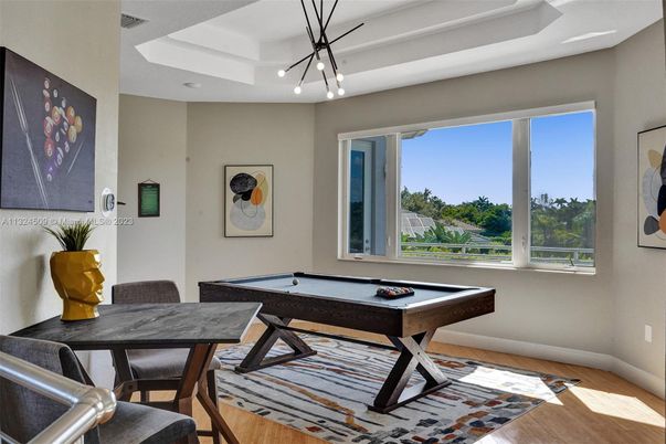 Billiard Table, Game Room, Interior, Pendant Lights, Wood Texture Flooring