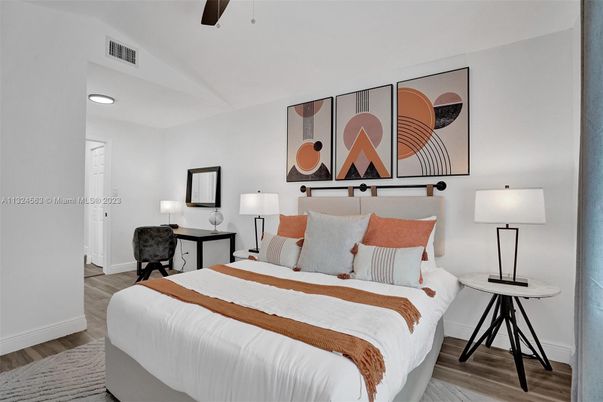 Bedroom, Interior, Recessed Lighting, Wood Texture Flooring