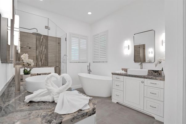 Bathroom, Dual Sink Vanities, Free Standing Baths, Glass Shower, Interior, Recessed Lighting