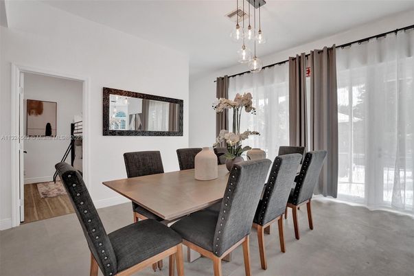 Dining room, Interior, Pendant Lights, Wood Texture Flooring