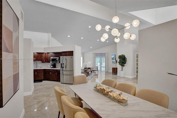 Dining room, Interior, Kitchen, Marble, Pendant Lights, Recessed Lighting, Stainless Steel Appliances