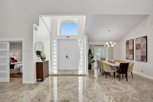 Dining room, Interior, Marble, Pendant Lights