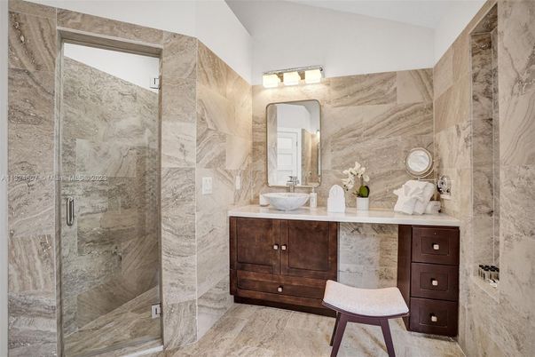 Bathroom, Glass Shower, Interior, Marble Walls, Stone Walls