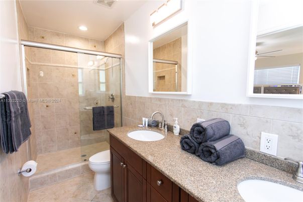 Bathroom, Dual Sink Vanities, Glass Shower, Interior, Recessed Lighting