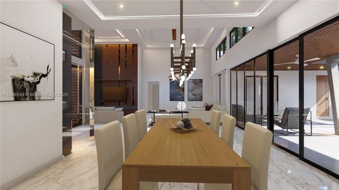 Dining room, Interior, Living room, Marble, Pendant Lights, Recessed Lighting