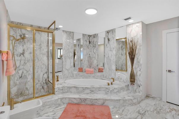Bathroom, Glass Shower, Interior, Marble, Marble Walls, Recessed Lighting