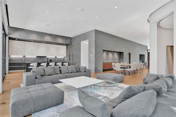 Dining room, Interior, Kitchen, Living room, Recessed Lighting, Stainless Steel Appliances, Wood Texture Flooring