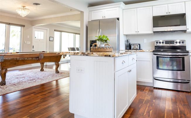 Chandelier, Interior, Kitchen, Stainless Steel Appliances, Wood Texture Flooring