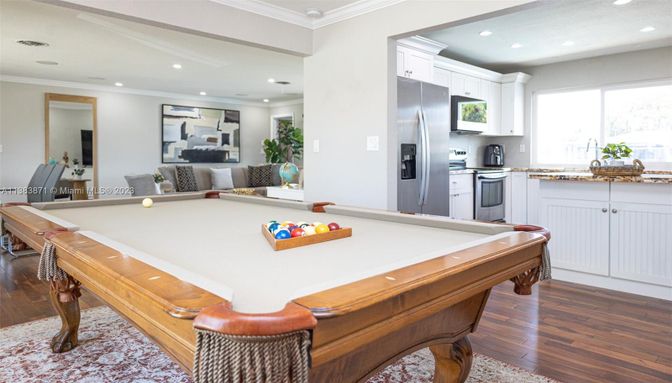 Billiard Table, Game Room, Interior, Kitchen, Recessed Lighting, Wood Texture Flooring