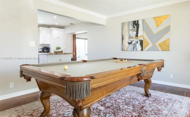 Billiard Table, Game Room, Interior, Recessed Lighting, Wood Texture Flooring