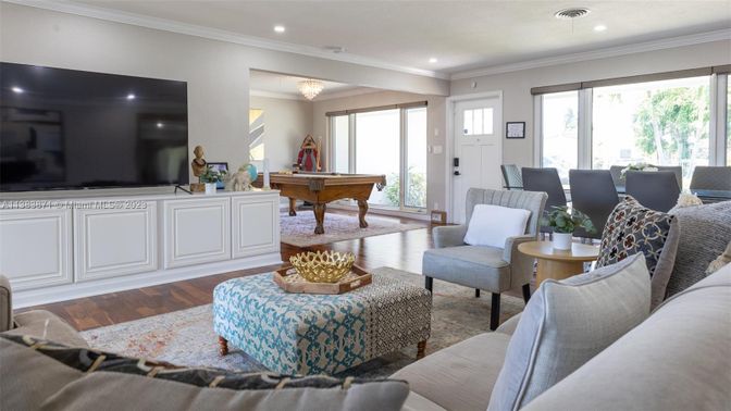 Billiard Table, Chandelier, Game Room, Interior, Living room, Recessed Lighting, Wood Texture Flooring