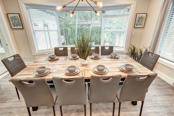 Dining room, Interior, Pendant Lights, Wood Texture Flooring