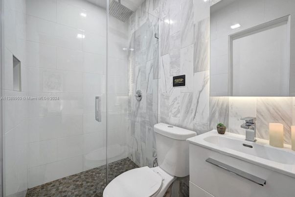 Bathroom, Glass Shower, Interior, Marble Walls, Recessed Lighting