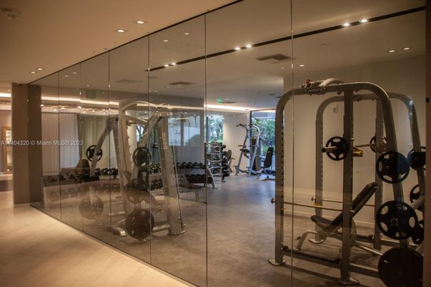 Fitness Equipment, Gym, Interior, Recessed Lighting, Wood Texture Flooring