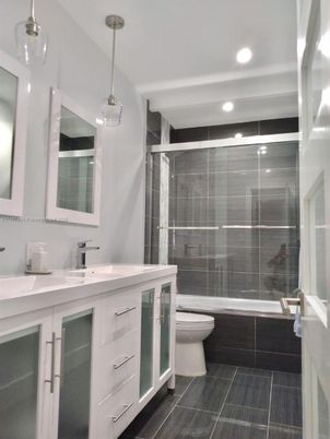 Bathroom, Dual Sink Vanities, Glass Shower, Interior, Pendant Lights, Recessed Lighting