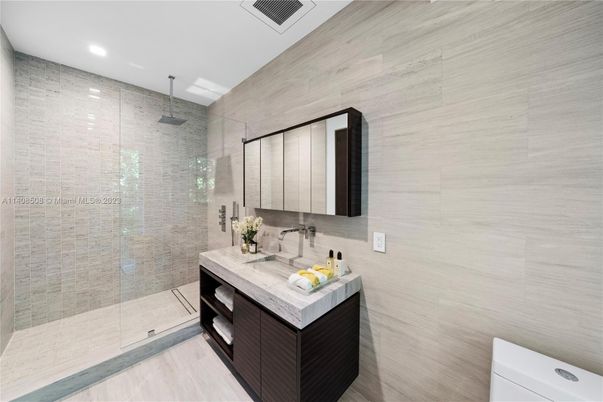 Bathroom, Glass Shower, Interior, Recessed Lighting, Wood Texture Flooring