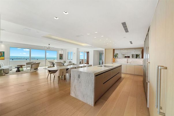 Dining room, Interior, Kitchen, Living room, Pendant Lights, Recessed Lighting, Water, Wood Texture Flooring