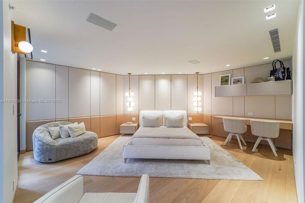Bedroom, Interior, Pendant Lights, Recessed Lighting, Wood Texture Flooring