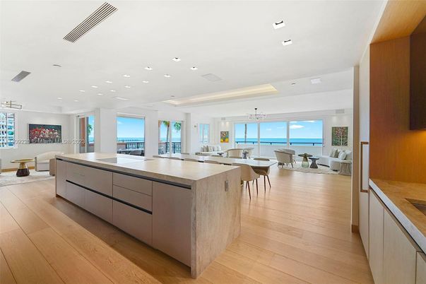 Dining room, Interior, Kitchen, Living room, Recessed Lighting, Water, Wood Texture Flooring