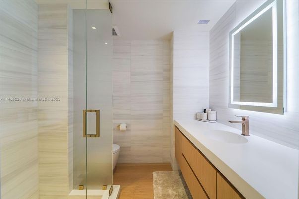 Bathroom, Glass Shower, Interior, Wood Texture Flooring
