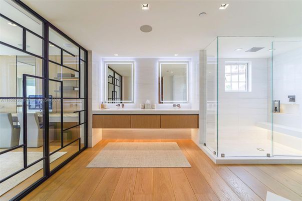 Bathroom, Glass Shower, Interior, Recessed Lighting, Wood Texture Flooring