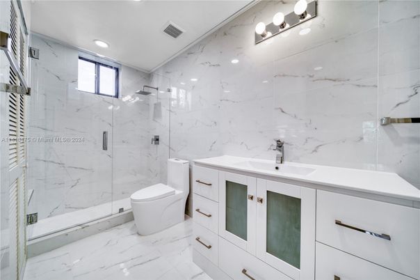 Bathroom, Glass Shower, Interior, Marble, Marble Walls, Recessed Lighting