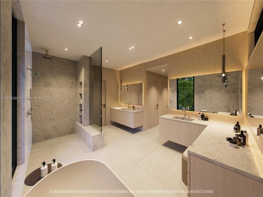 Bathroom, Dual Sink Vanities, Glass Shower, Interior, Pendant Lights, Recessed Lighting