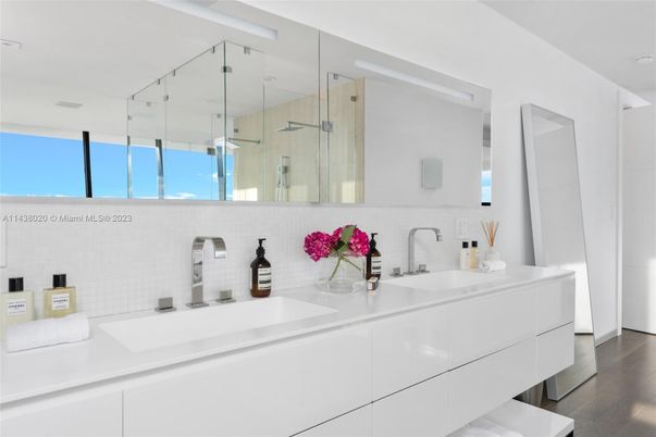 Bathroom, Dual Sink Vanities, Glass Shower, Interior, Wood Texture Flooring