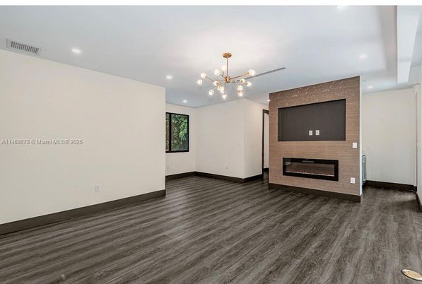 Empty room, Fireplace, Interior, Pendant Lights, Recessed Lighting, Wood Texture Flooring