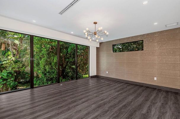 Empty room, Interior, Pendant Lights, Recessed Lighting, Wood Texture Flooring