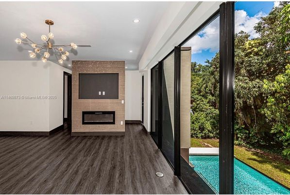 Fireplace, Interior, Pendant Lights, Recessed Lighting, Wood Texture Flooring