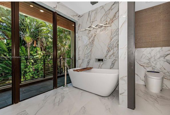 Bathroom, Free Standing Baths, Interior, Marble, Marble Walls, Recessed Lighting