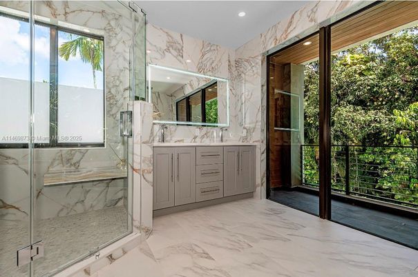 Bathroom, Glass Shower, Interior, Marble, Marble Walls, Recessed Lighting