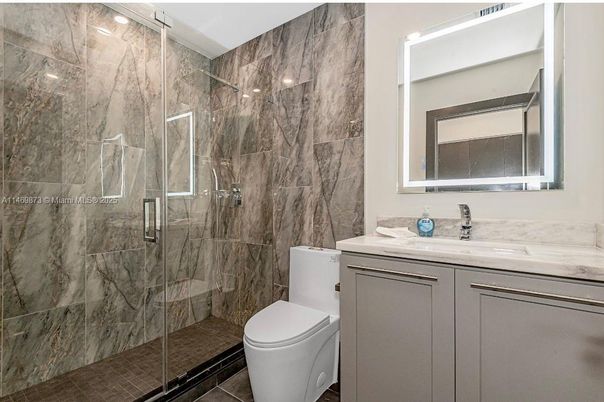 Bathroom, Glass Shower, Interior, Marble Walls, Recessed Lighting