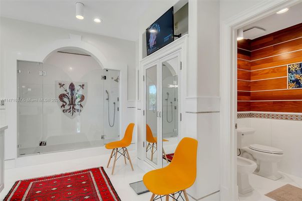 Bathroom, Glass Shower, Interior, Recessed Lighting, Wooden Walls