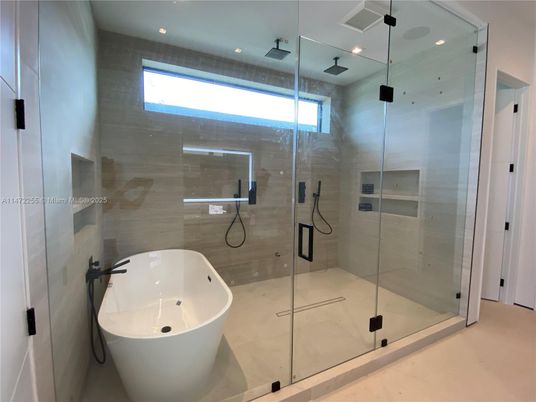 Bathroom, Free Standing Baths, Glass Shower, Interior, Recessed Lighting
