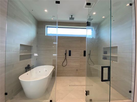 Bathroom, Free Standing Baths, Glass Shower, Interior, Recessed Lighting