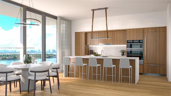 Dining room, Interior, Kitchen, Pendant Lights, Water, Wood Texture Flooring