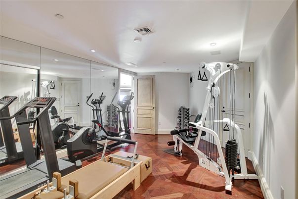 Fitness Equipment, Gym, Interior, Recessed Lighting, Wood Texture Flooring