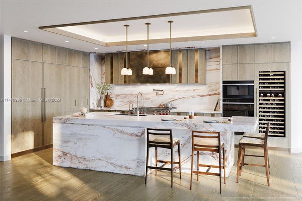 Interior, Kitchen, Marble Walls, Pendant Lights, Recessed Lighting, Stainless Steel Appliances, Wood Texture Flooring