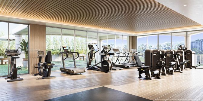 Fitness Equipment, Gym, Interior, Recessed Lighting, Wood Texture Flooring