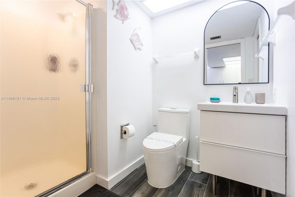 Bathroom, Glass Shower, Interior, Wood Texture Flooring